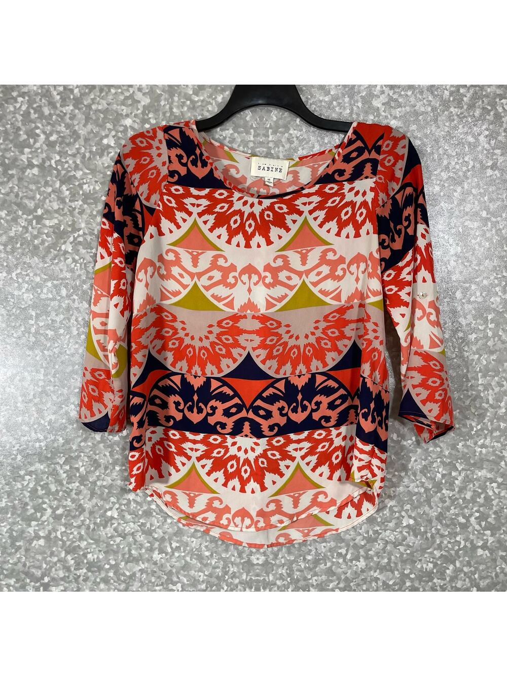 Sabine Coral & Blue Boho Printed 3/4 Sleeve Chiffon Top - Size XS - Scoop Neck